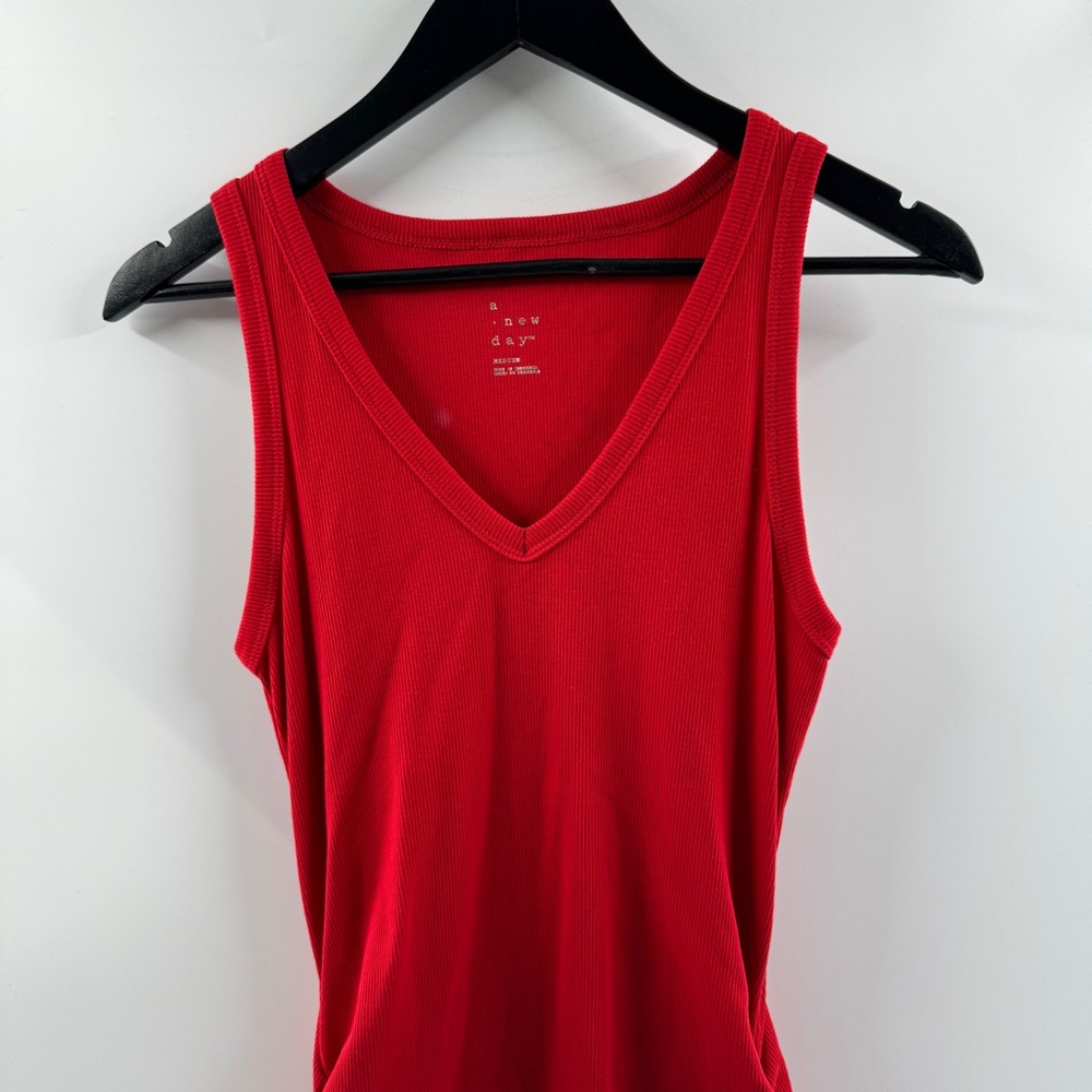 A New Day Red Ribbed V-Neck Midi Tank Dress with Scrunched Sides – Size Medium - Picture 2 of 8